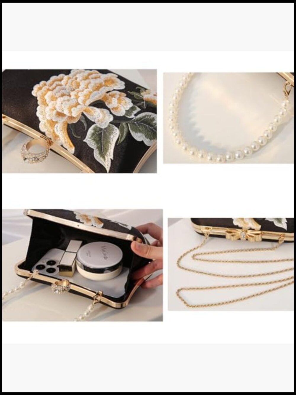 Floral Evening Bag with Pearl Chain Clutch Purse Elegant Banquet Handbag Bride - Picture 5 of 7